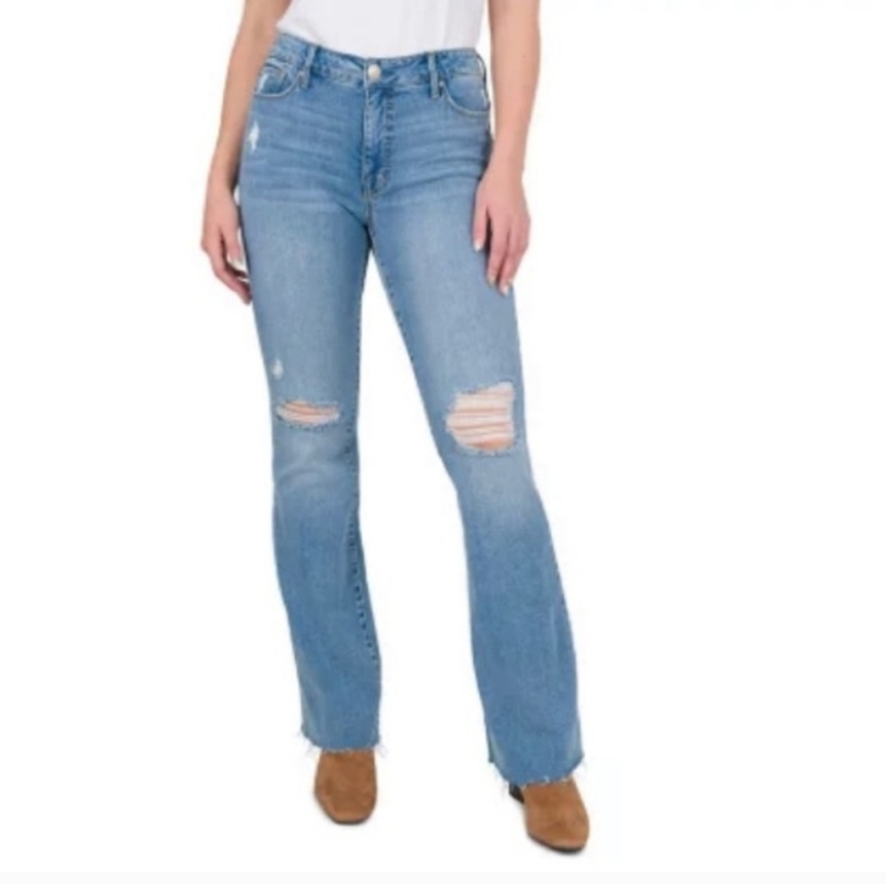 Seven Felicity High Rise Slim Flare Distressed & Raw Hem Blue Jeans Size 16 - Picture 1 of 8